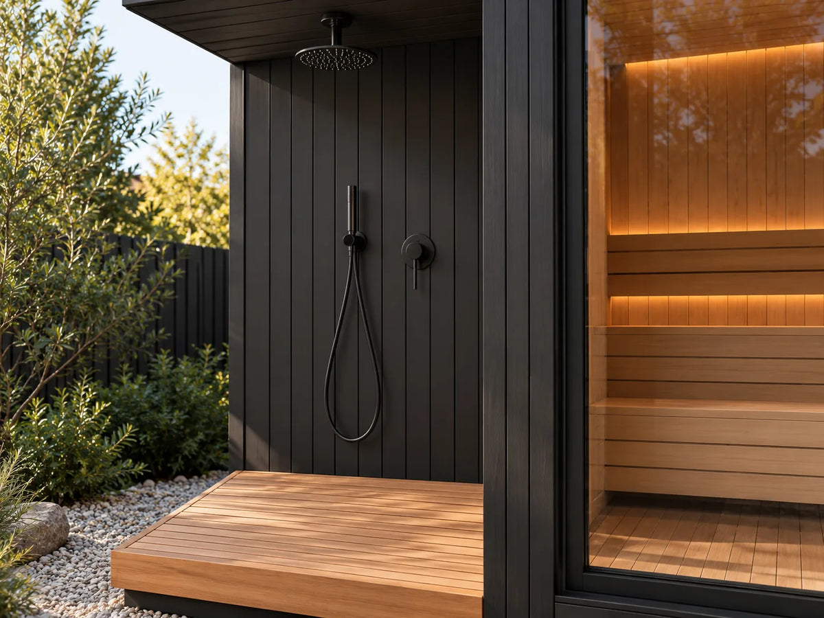 Outdoor shower beside a sauna