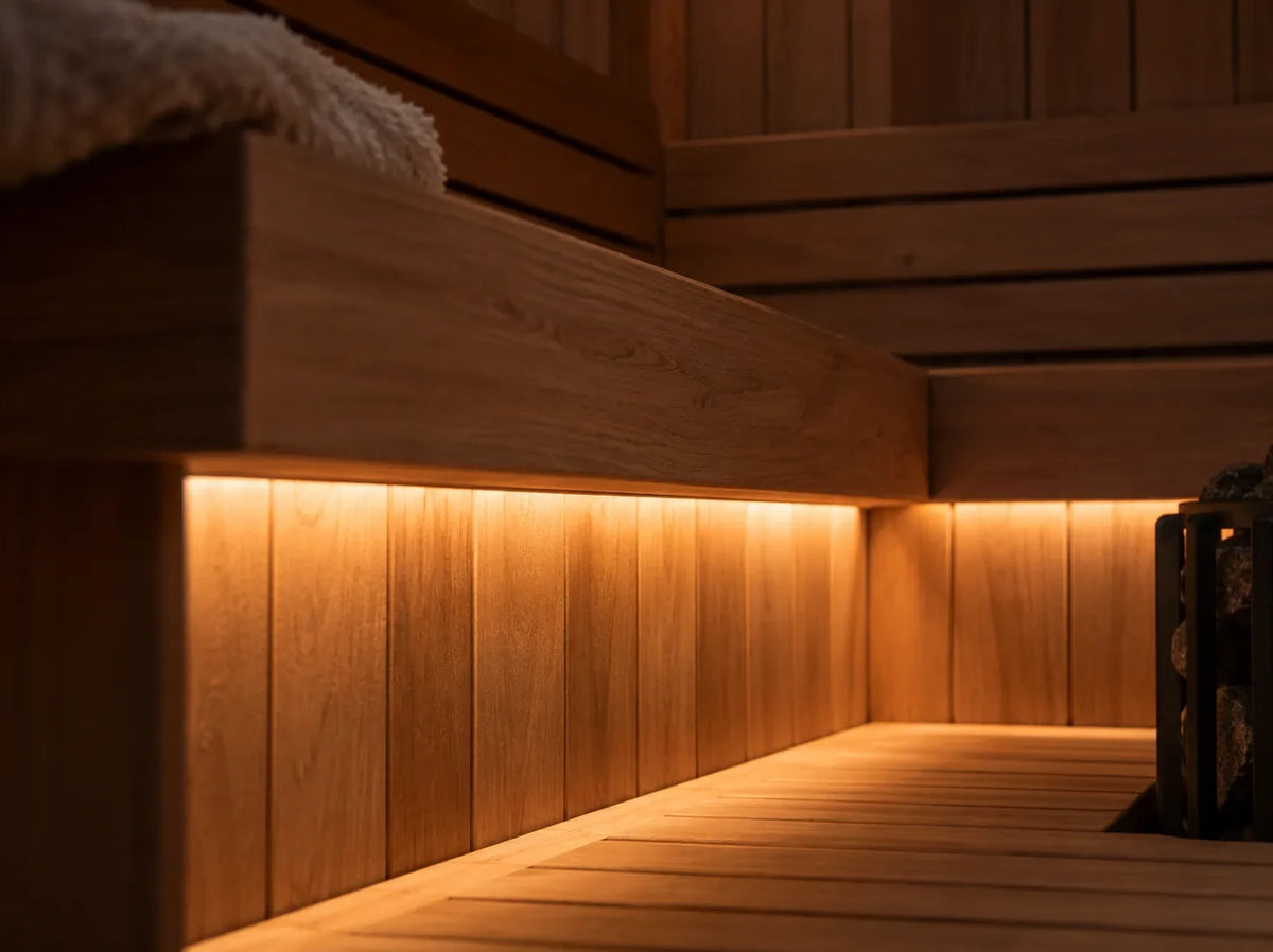 Warm low light over the benches inside a Sōk sauna