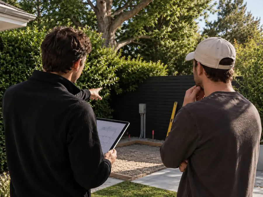 Crew measuring a garden site